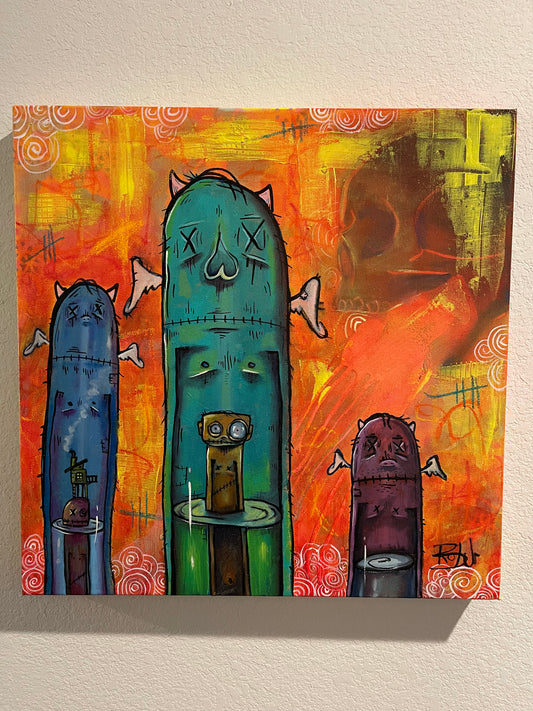 Large mixed media painting on gallery wrapped stretched canvas. 20in by 20in. Graffiti and street art inspired. "ADIH".