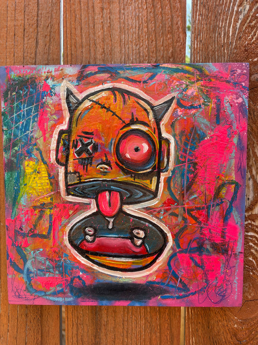 Mixed media on wood panel titled “No Filter”. 10in by 10in. Street art graffiti influenced artwork.