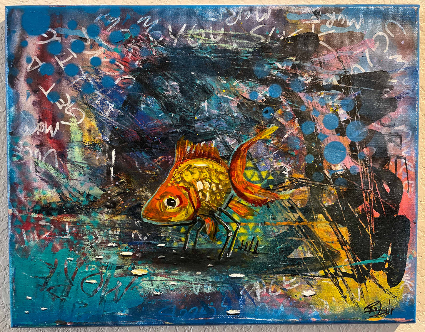 "Loner Robot Fish" Small Mixed Media Painting on 11in by 14in by 2in stretched canvas.