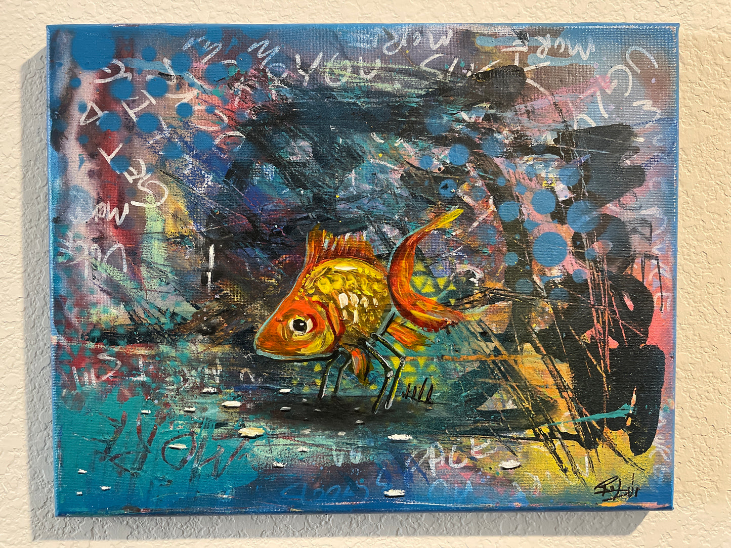 "Loner Robot Fish" Small Mixed Media Painting on 11in by 14in by 2in stretched canvas.