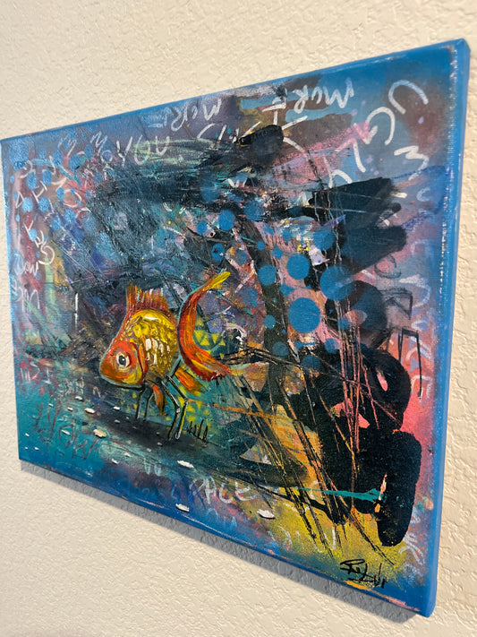 "Loner Robot Fish" Small Mixed Media Painting on 11in by 14in by 2in stretched canvas.