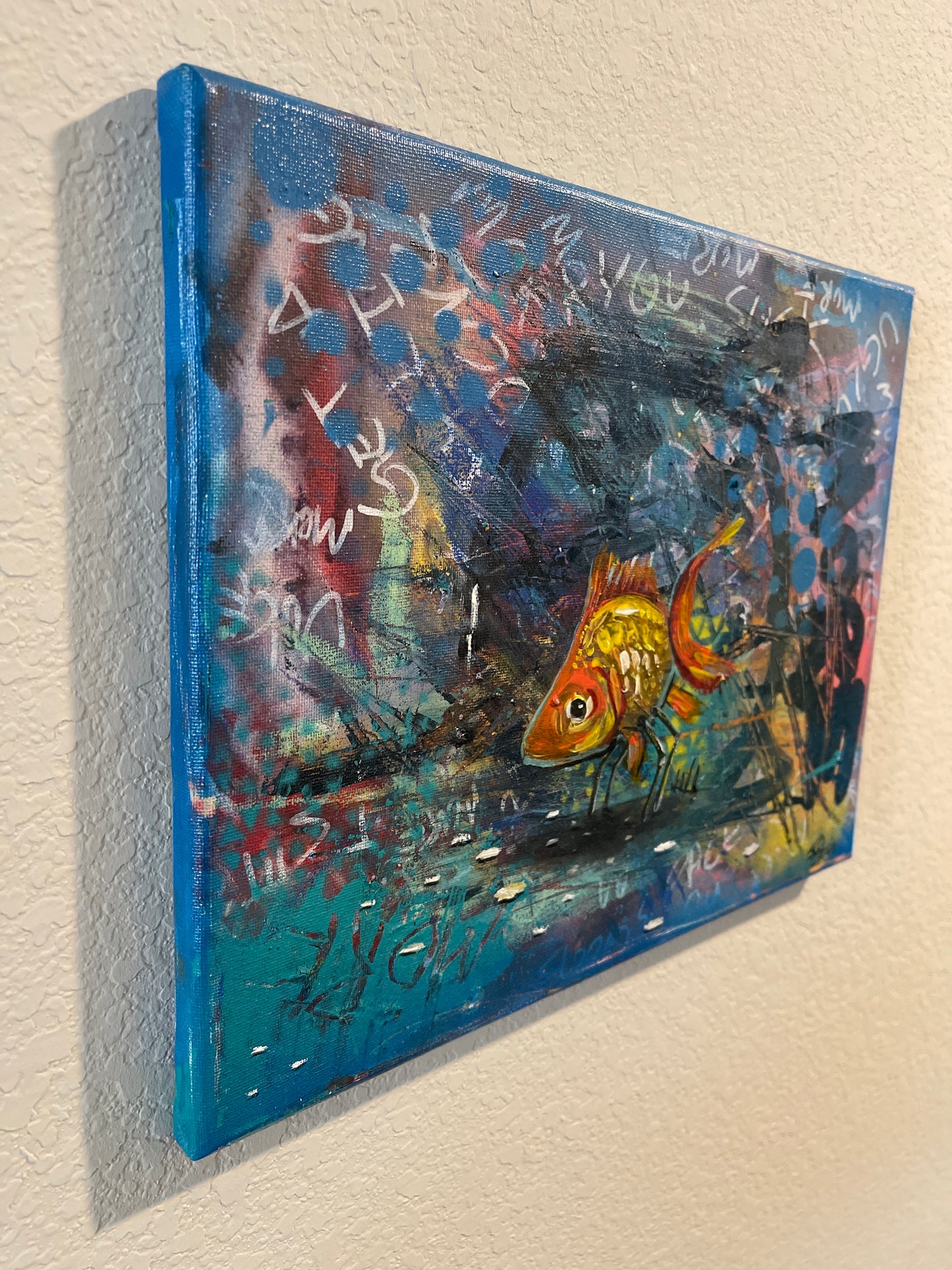 "Loner Robot Fish" Small Mixed Media Painting on 11in by 14in by 2in stretched canvas.