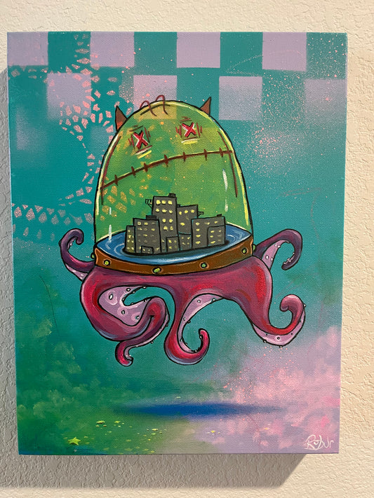 OctoCity - Mixed Media Painting on gallery wrapped canvas. 11in by 14in by 1 1/2in.