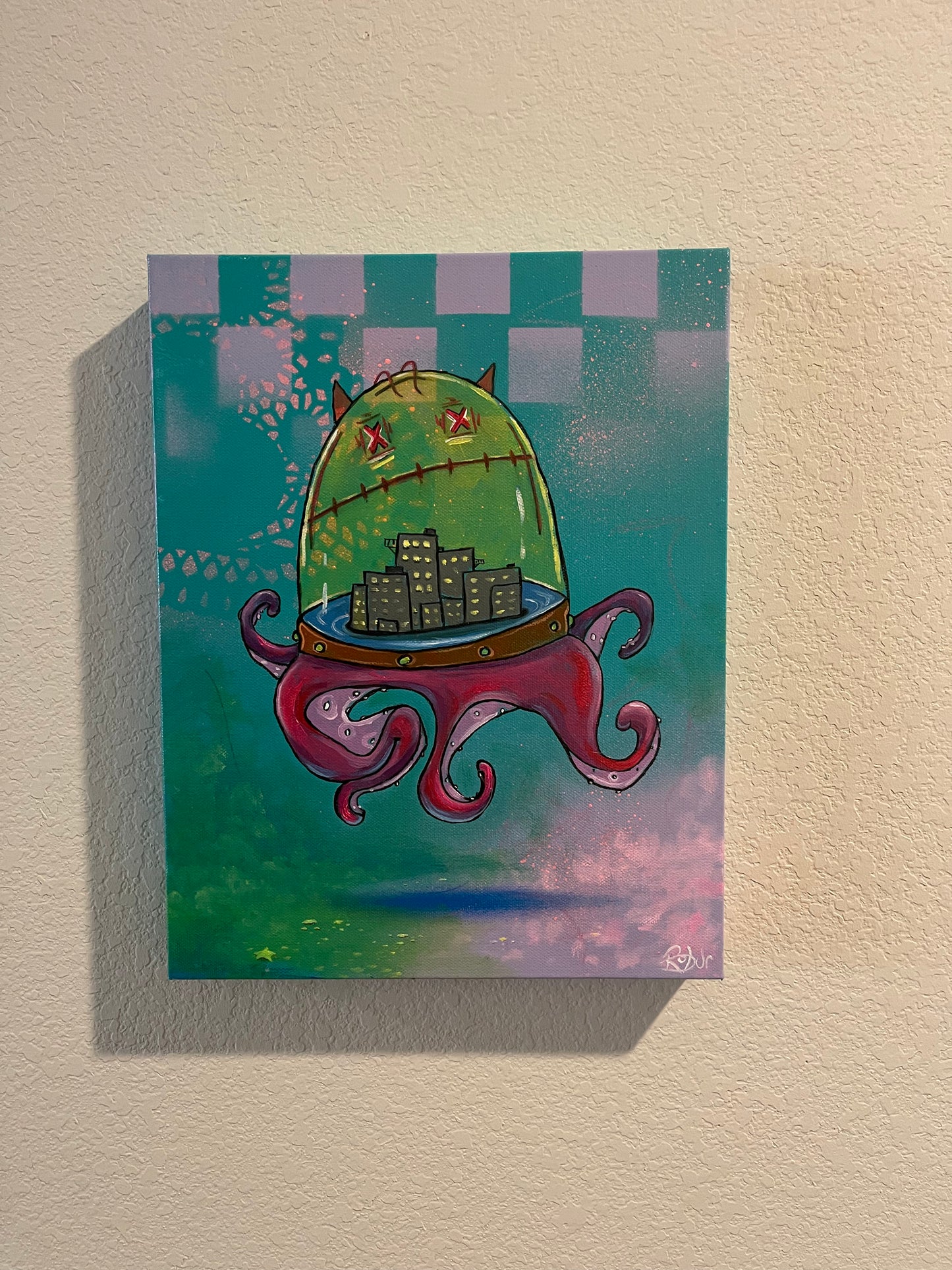 OctoCity - Mixed Media Painting on gallery wrapped canvas. 11in by 14in by 1 1/2in.