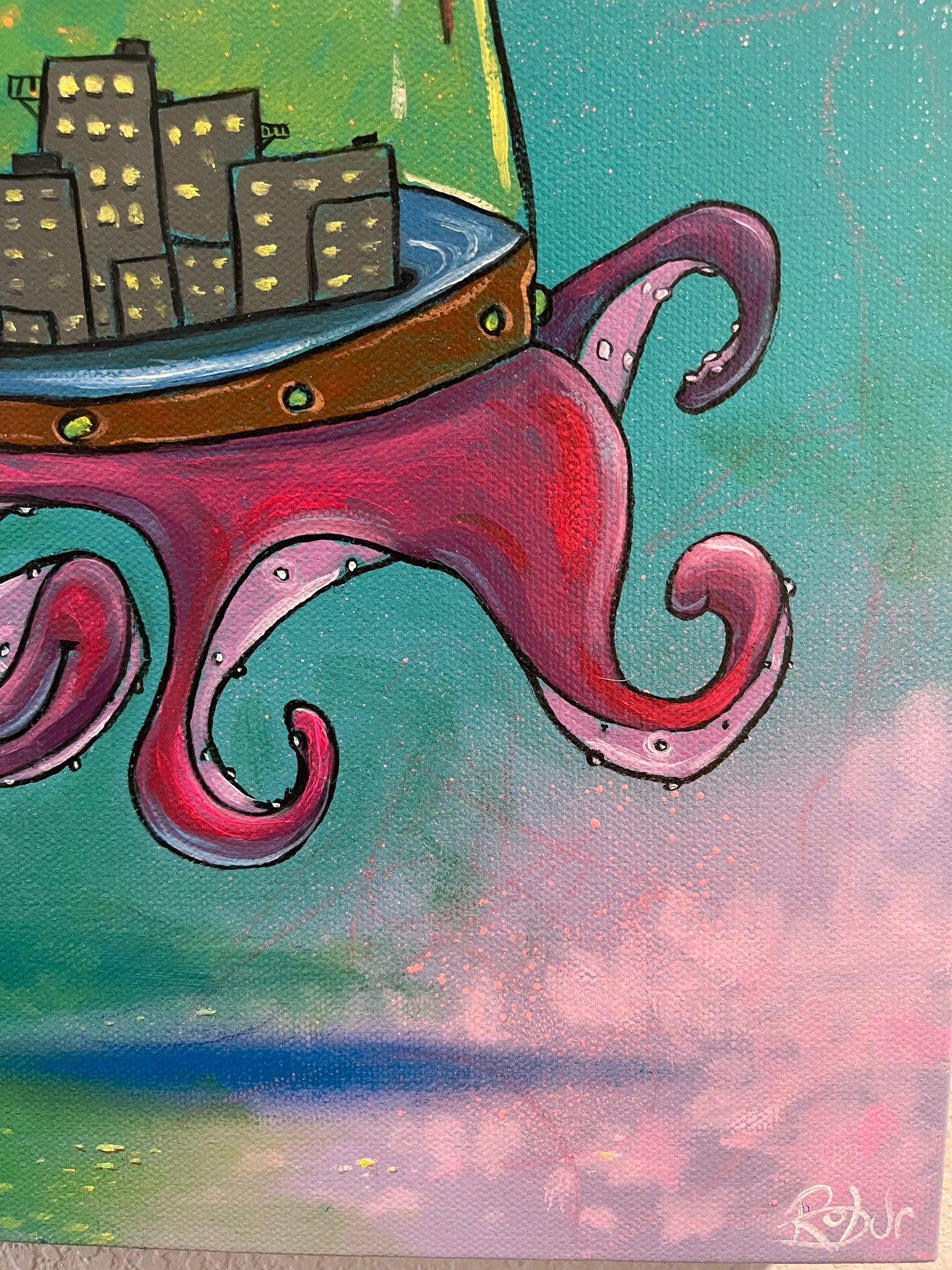 OctoCity - Mixed Media Painting on gallery wrapped canvas. 11in by 14in by 1 1/2in.