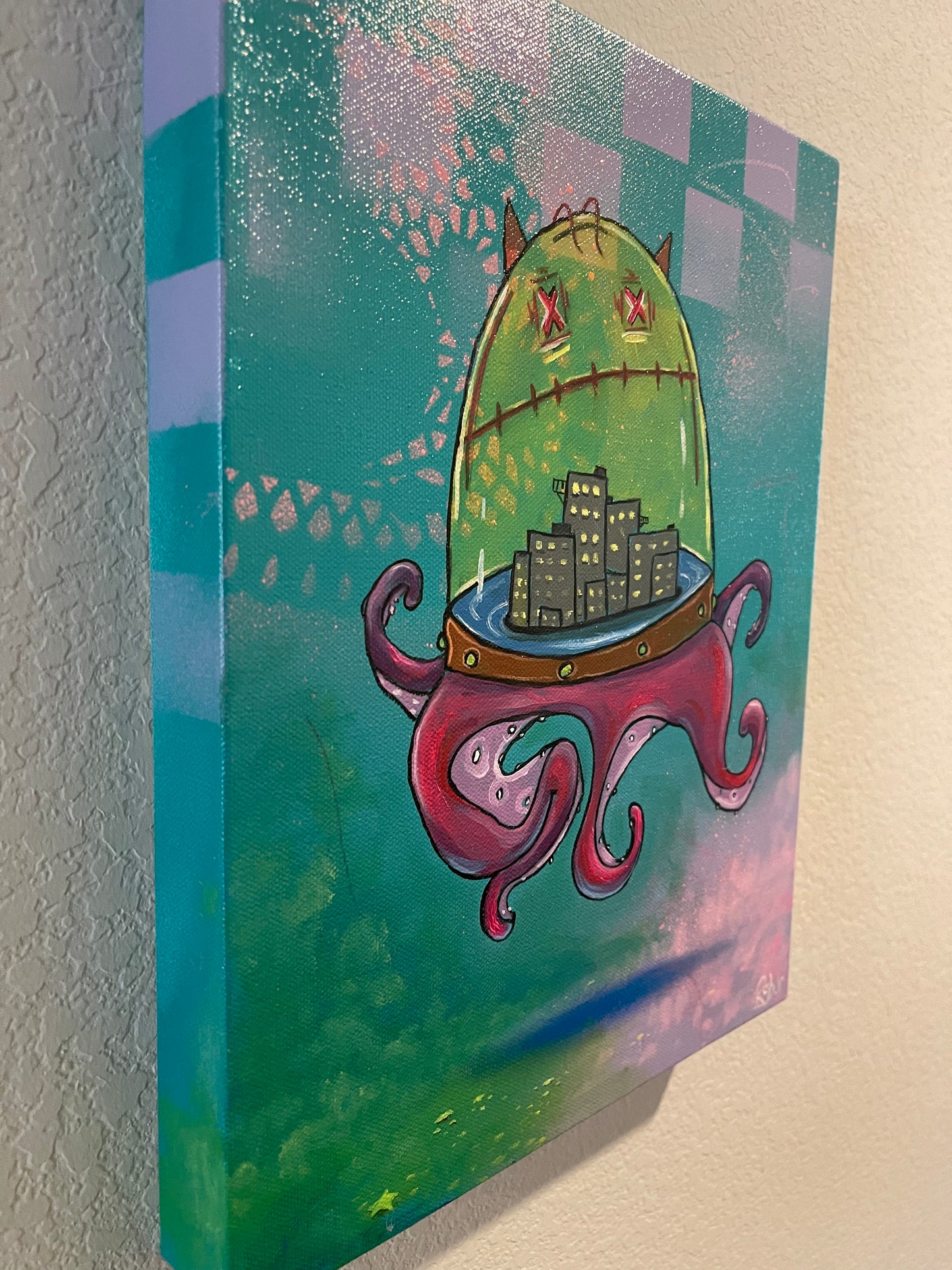 OctoCity - Mixed Media Painting on gallery wrapped canvas. 11in by 14in by 1 1/2in.